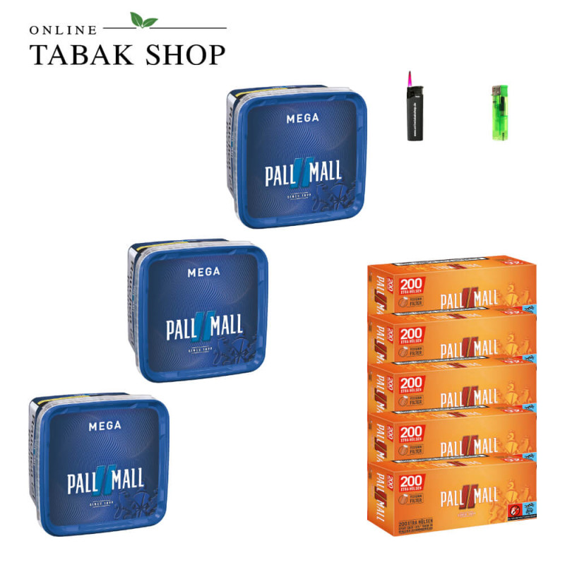 4x PALL MALL Blue Tabak Mega 115g + 1000 PALL MALL Allround Red Xtra Hülsen + 1 Sturmfeuerzeug + 1 Feuerzeug