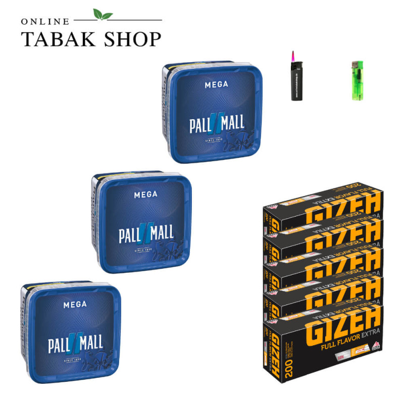 4x PALL MALL Blue Tabak Mega 115g + 1000 GIZEH Full Flavor Extra Hülsen + 1 Sturmfeuerzeug + 1 Feuerzeug