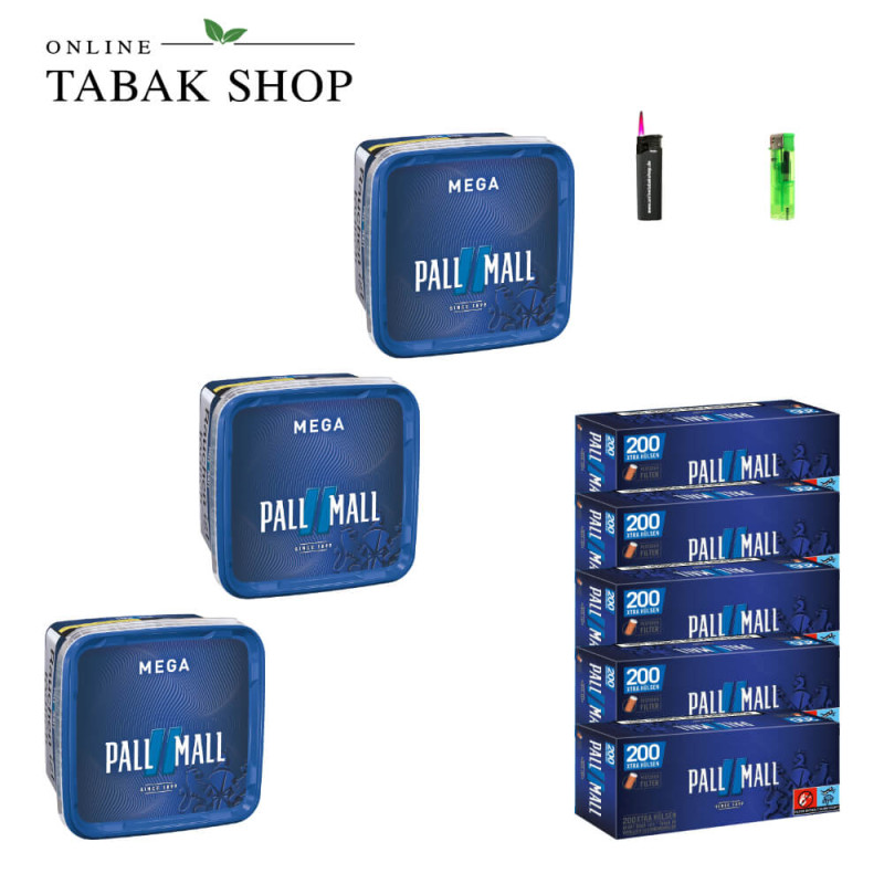 4x PALL MALL Blue Tabak Mega 115g + 1000 PALL MALL Blue Xtra Hülsen + 1 Sturmfeuerzeug + 1 Feuerzeug