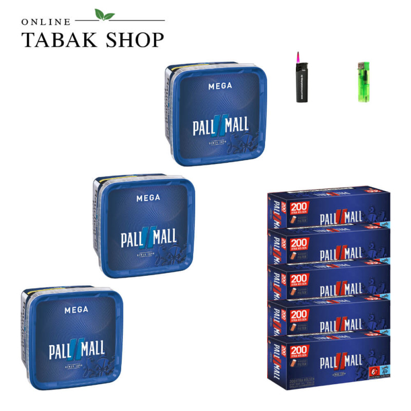4x PALL MALL Blue Tabak Mega 115g + 1000 PALL MALL Red Xtra Hülsen + 1 Sturmfeuerzeug + 1 Feuerzeug