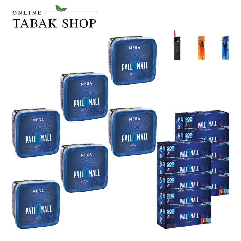 6x PALL MALL Blue Tabak Mega 115g + 2000 PALL MALL Blue Xtra Hülsen + 2 Feuerzeuge + 1 Sturmfeuerzeug