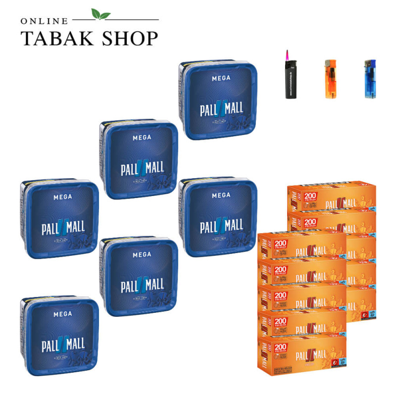 6x PALL MALL Blue Tabak Mega 115g + 2000 PALL MALL Allround Red Xtra Hülsen + 2 Feuerzeuge + 1 Sturmfeuerzeug