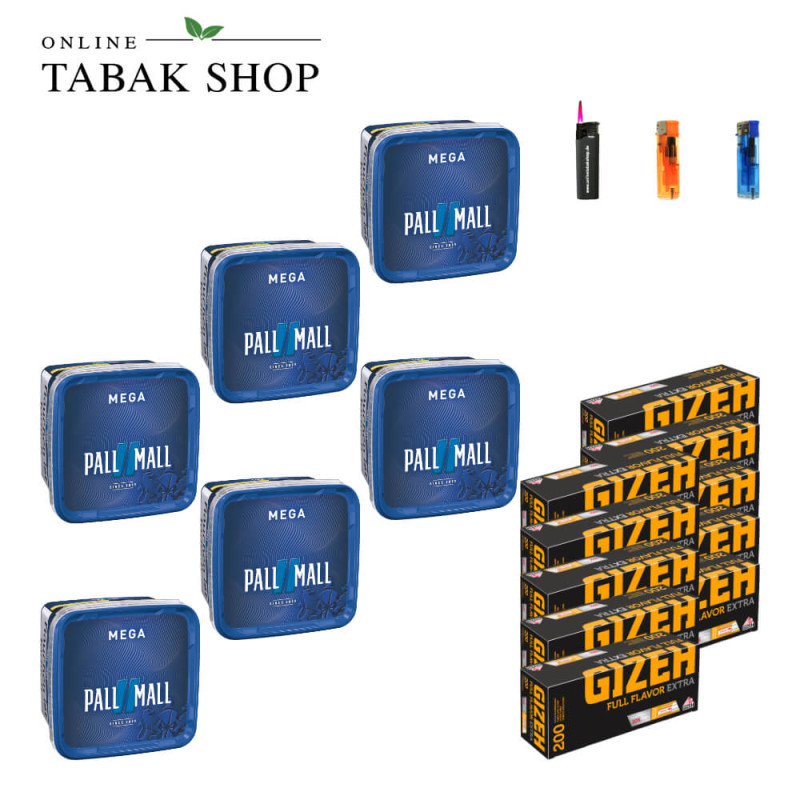 6x PALL MALL Blue Tabak Mega 115g + 2000 GIZEH Full Flavor Extra Hülsen + 2 Feuerzeuge + 1 Sturmfeuerzeug