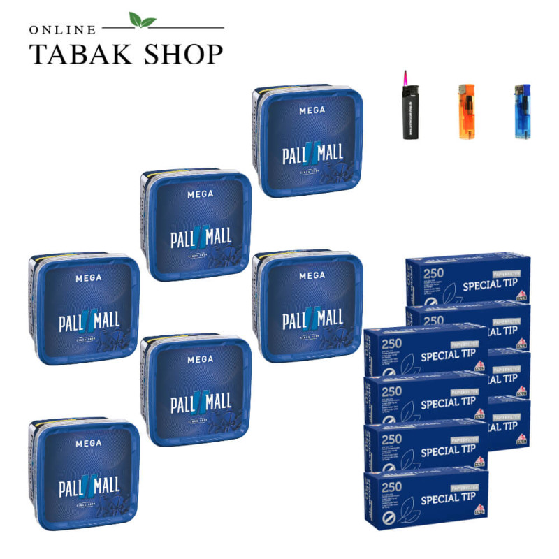 6x PALL MALL Blue Tabak Mega 115g + 2000 GIZEH Special Tip Hülsen + 2 Feuerzeuge + 1 Sturmfeuerzeug