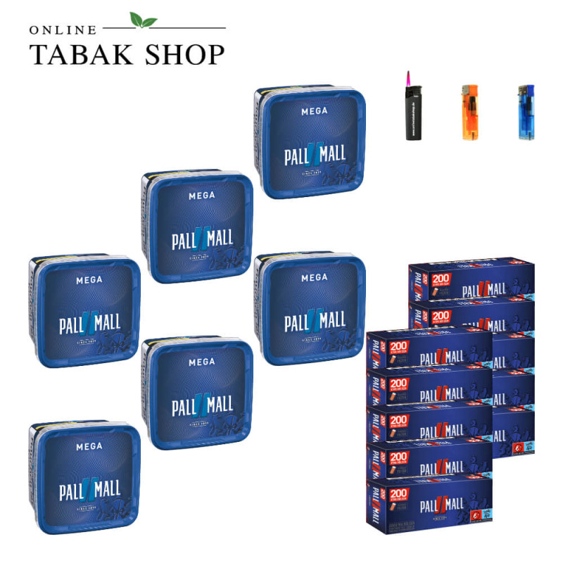 6x PALL MALL Blue Tabak Mega 115g + 2000 PALL MALL Red Xtra Hülsen + 2 Feuerzeuge + 1 Sturmfeuerzeug