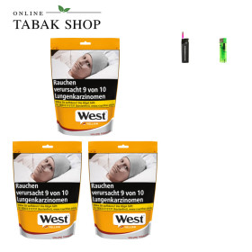 3x West Yellow Tabak 145g Beutel + 1 Feuerzeug + 1 Sturmfeuerzeug