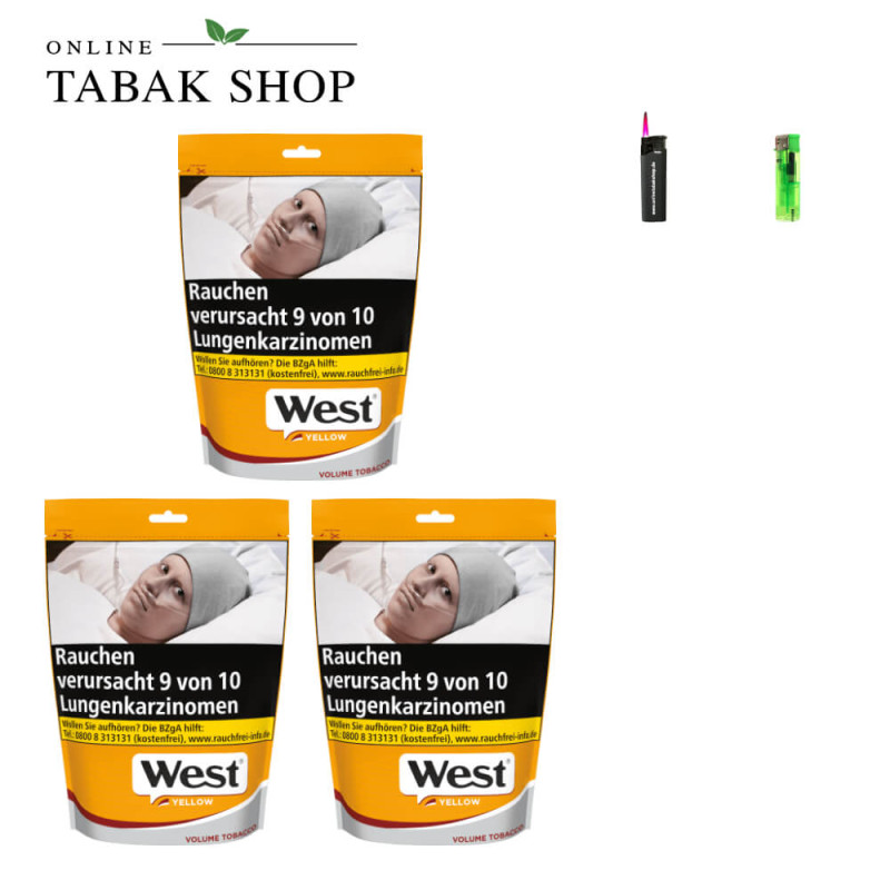 3x West Yellow Tabak 145g Beutel + 1 Feuerzeug + 1 Sturmfeuerzeug