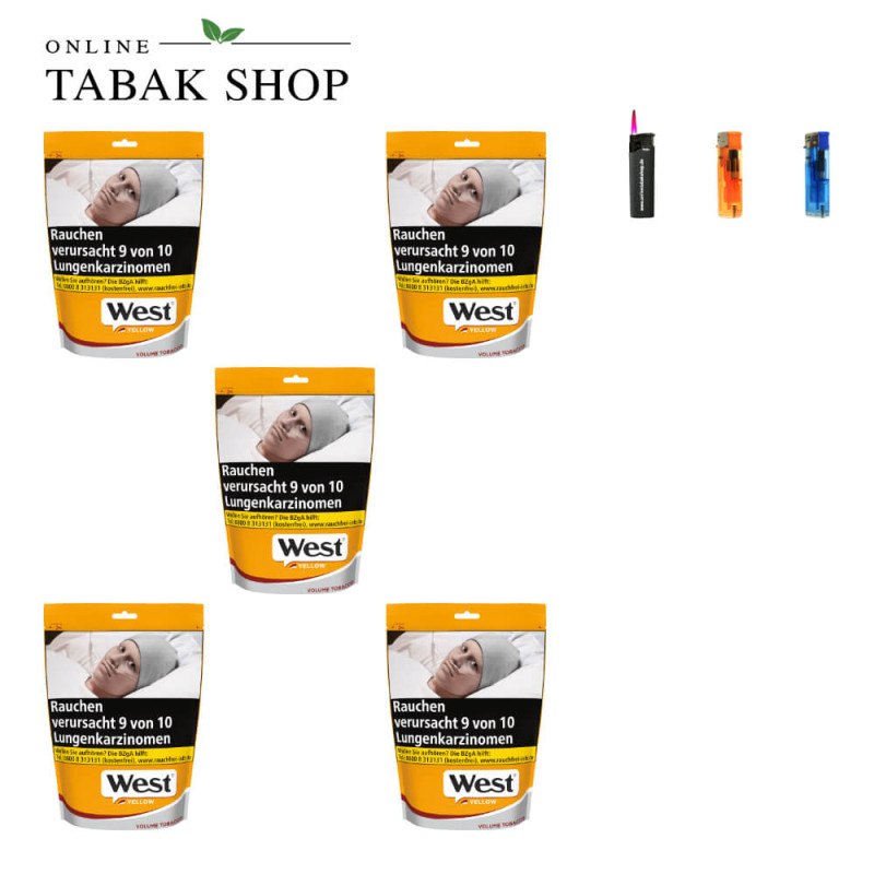 5x West Yellow Tabak 145g Beutel + 2 Feuerzeuge + 1 Sturmfeuerzeug