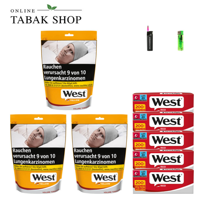 3x West Yellow Tabak 145g Beutel + 1000 West Red Hülsen + 1 Feuerzeug + 1 Sturmfeuerzeug