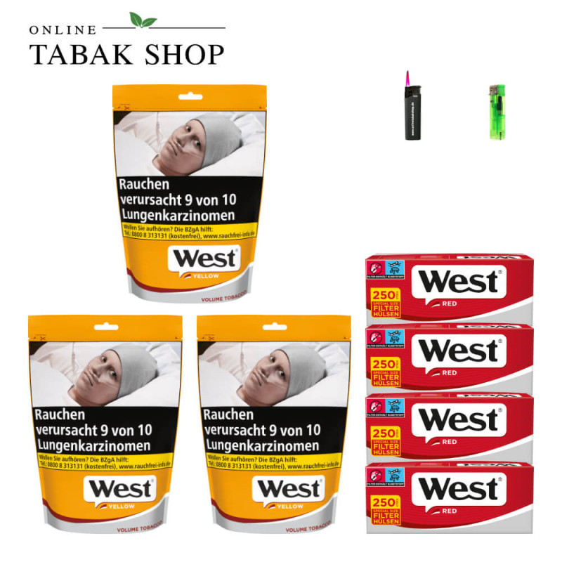 3x West Yellow Tabak 145g Beutel + 1000 West Red Special Hülsen + 1 Feuerzeug + 1 Sturmfeuerzeug
