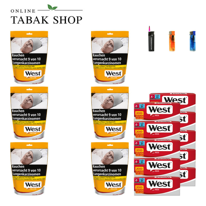 6x West Yellow Tabak 145g Beutel + 2000 West Red Hülsen + 2 Feuerzeuge + 1 Sturmfeuerzeug