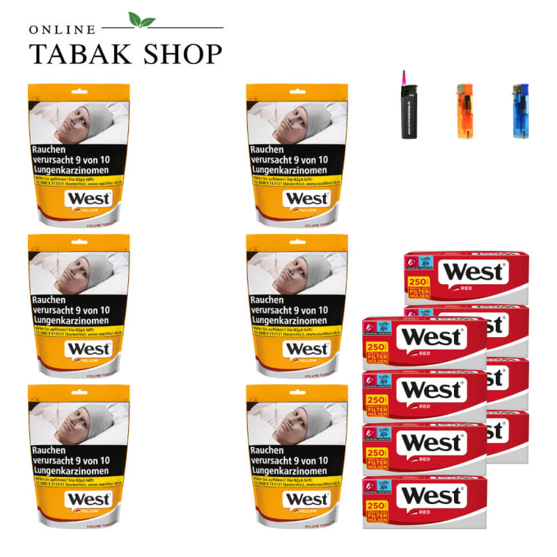6x West Yellow Tabak 145g Beutel + 2000 West Red Special Hülsen + 2 Feuerzeuge + 1 Sturmfeuerzeug