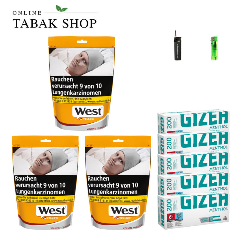 3x West Yellow Tabak 145g Beutel + 1000 GIZEH Menthol Hülsen + 1 Feuerzeug + 1 Sturmfeuerzeug