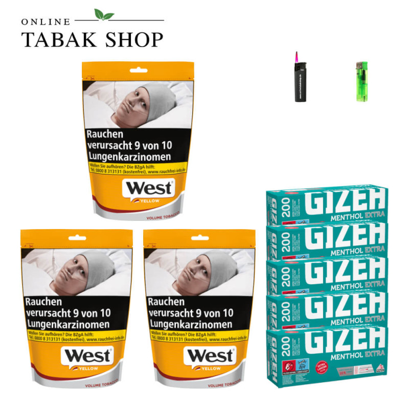 3x West Yellow Tabak 145g Beutel + 1000 GIZEH Menthol Extra Hülsen + 1 Feuerzeug + 1 Sturmfeuerzeug