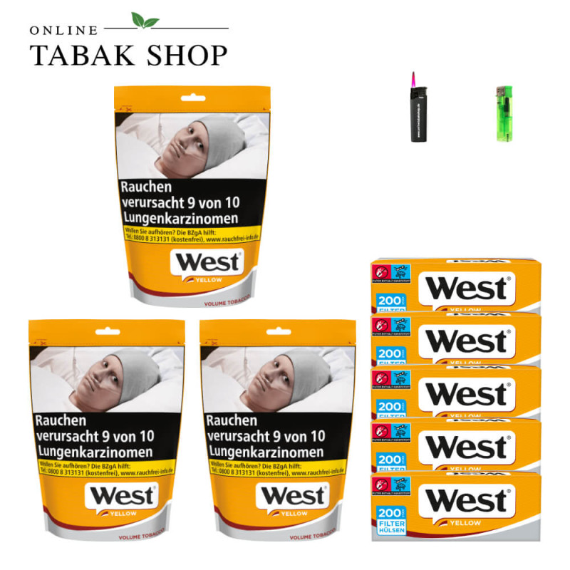 3x West Yellow Tabak 145g Beutel + 1000 West Yellow Hülsen + 1 Feuerzeug + 1 Sturmfeuerzeug