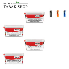 4x West Red Tabak 110g Eimer + 2 Feuerzeuge + 1 Sturmfeuerzeug