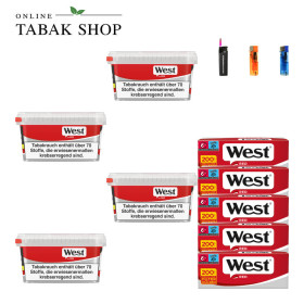 4x West Red Tabak 110g Eimer + 1000 Hülsen (Sorte wählbar) + 2 Feuerzeuge + 1 Sturmfeuerzeug