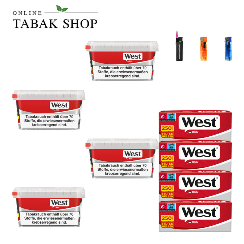 4x West Red Tabak 110g Eimer + 1000 West Red Special Hülsen + 2 Feuerzeuge + 1 Sturmfeuerzeug