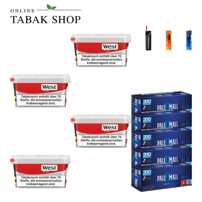 4x West Red Tabak 110g Eimer + 1000 PALL MALL Blue Xtra Hülsen + 2 Feuerzeuge + 1 Sturmfeuerzeug