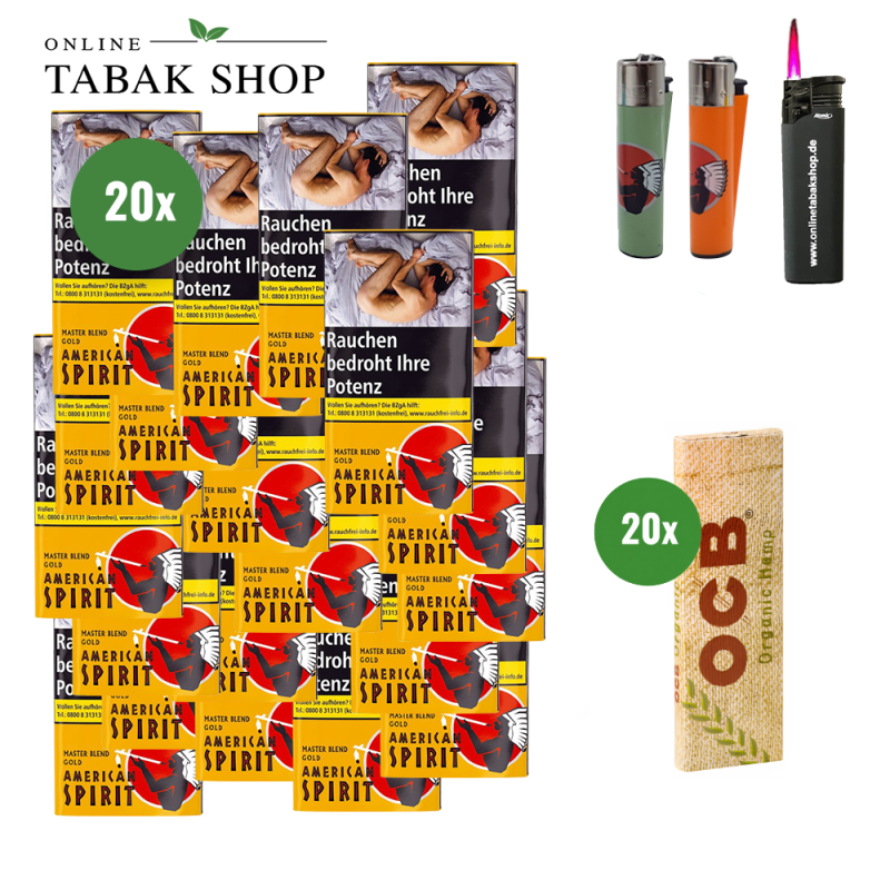 AMERICAN SPIRIT Gold (20 x 30g) + OCB Organic Hemp Blättchen (20 x 50er) + Feuerzeuge + Pouch Bag