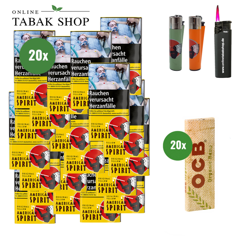 AMERICAN SPIRIT Original Yellow (20 x 30g) + OCB Organic Hemp Blättchen (20 x 50er) + Feuerzeuge + Pouch Bag