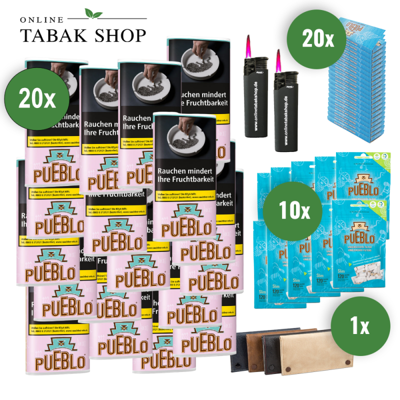 20x Pueblo Tabak Pink 30g + 1000 Pueblo Blättchen + 1200 Pueblo Filter + 2 Sturmfeuerzeuge + Pouch Bag