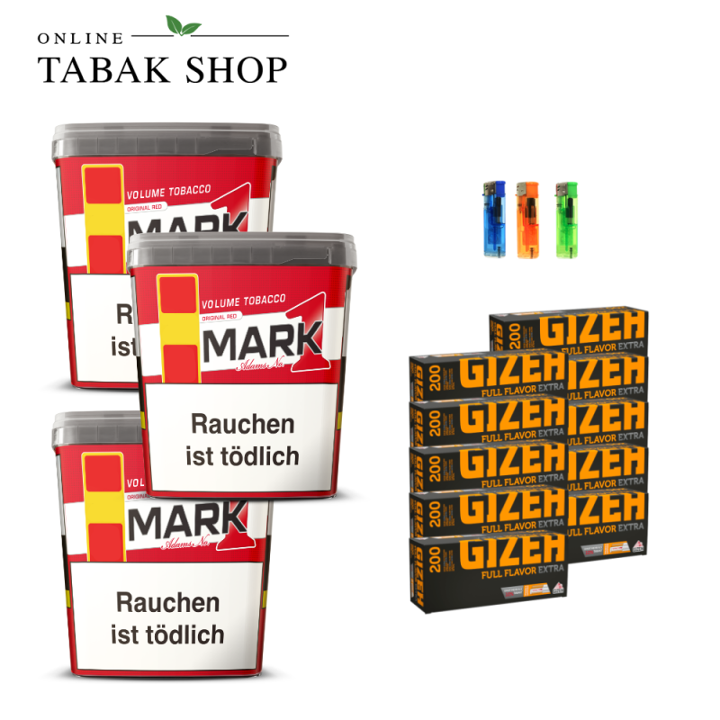 Mark 1 Adams Volumentabak (3 x 400g) + 2.000 Gizeh Full Flavor Extra Hülsen + 3 Feuerzeuge