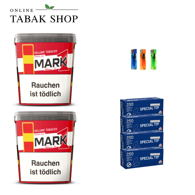 Mark 1 Adams Volumentabak (2 x 400g) + 1.000 Gizeh Special Tip Hülsen + 3 Feuerzeuge