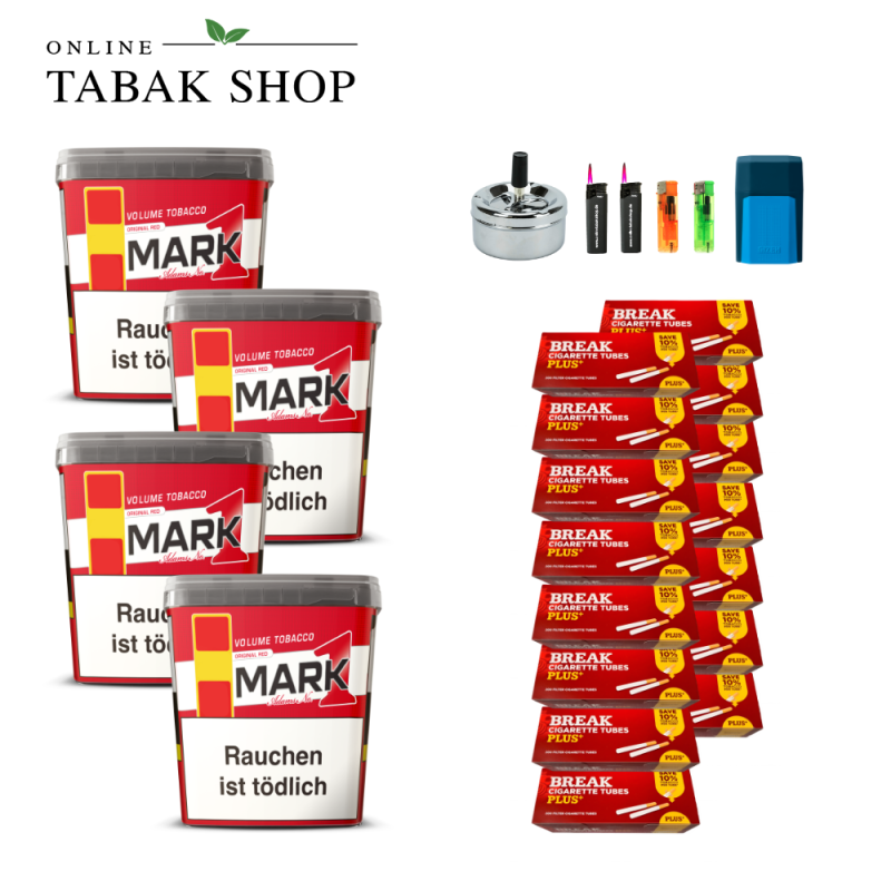 Mark 1 Volumen Tabak (4 x 400g) + 3.000 Break Plus Hülsen + 2 Sturmfeuerzeuge + 2 Feuerzeuge + 1 Gizeh Etui + 1 Drehascher 9cm