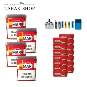4x Mark 1 Volumentabak 400g + 2800 Break Hülsen + 2 Sturmfeuerzeuge + 4 Feuerzeuge + 1 Gizeh Etui + 1 Drehascher 9cm