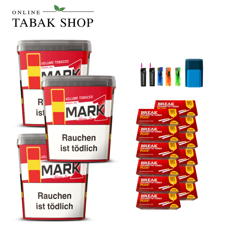 3x Mark 1 Volumentabak 400g + 2400 BREAK Plus Hülsen + 2 Sturmfeuerzeug + 3 Feuerzeuge + 1 Gizeh Etui