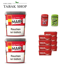 2x Mark Adams No.1 Volumentabak 400g + 1600 Hülsen (wählbar) + 2 TobaliQ Happy Smile Feuerzeuge