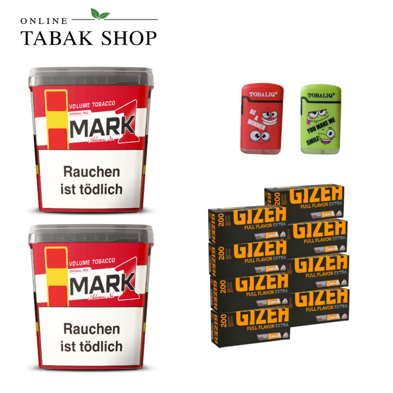 Mark Adams No.1 Volumentabak (2 x 400g) + 1.600 Gizeh Full Flavor Extra Hülsen + 2 TobaliQ Happy Smile Motiv Feuerzeuge