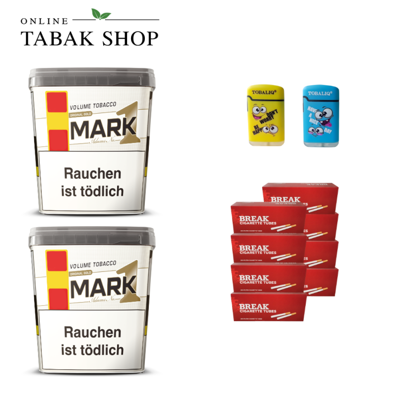 Mark Adams No.1 Gold Volumentabak (2 x 400g) + 8x200 Break Hülsen + 2 TobaliQ Happy Smile Motiv Feuerzeuge