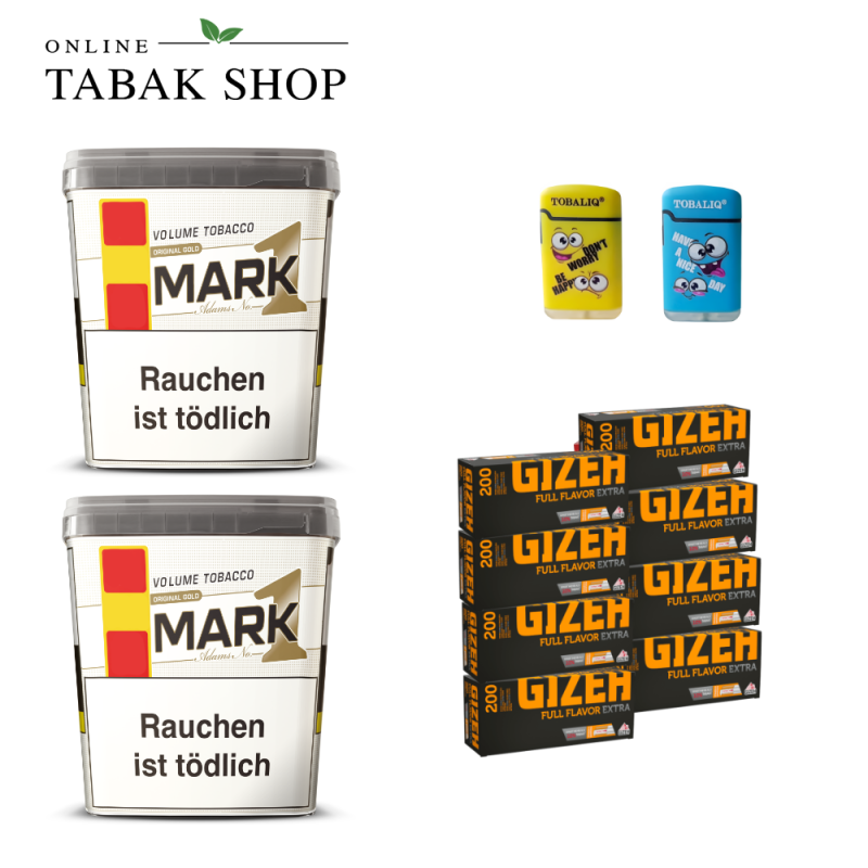 Mark Adams No.1 Gold Volumentabak (2 x 400g) + 8x200 Gizeh Full Flavor Extra Hülsen + 2 TobaliQ Happy Smile Motiv Feuerzeuge