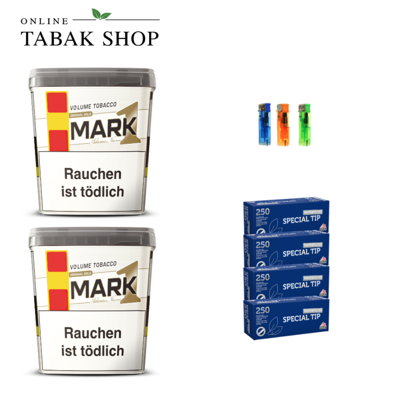 Mark 1 Adams Gold Volumentabak (2 x 400g) + 1.000 Gizeh Special Tip Hülsen + 3 Feuerzeuge