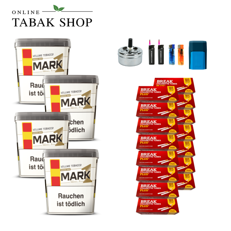 Mark Adams 1 Gold Volumentabak (4 x 400g) + 3.000 Break Plus Hülsen+2 Sturmfeuerzeuge+2 Feuerzeuge+1 Gizeh Etui+1 Drehascher 9cm
