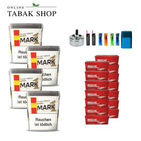 4x Mark 1 Gold Volumentabak  400g + 2800 Break Hülsen + 2 Sturmfeuerzeuge + 4 Feuerzeuge + 1 Gizeh Etui + 1 Drehascher 9cm