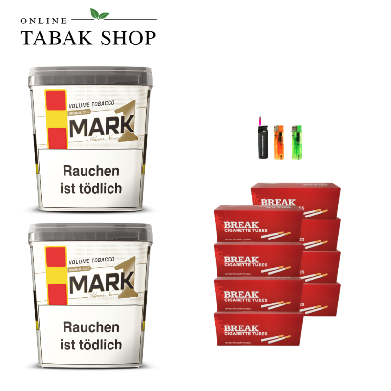 Mark Adams 1 Gold Volumen Tabak (2 x 400g) + 1.600 Break Hülsen + 1 Sturmfeuerzeug + 2 Feuerzeuge