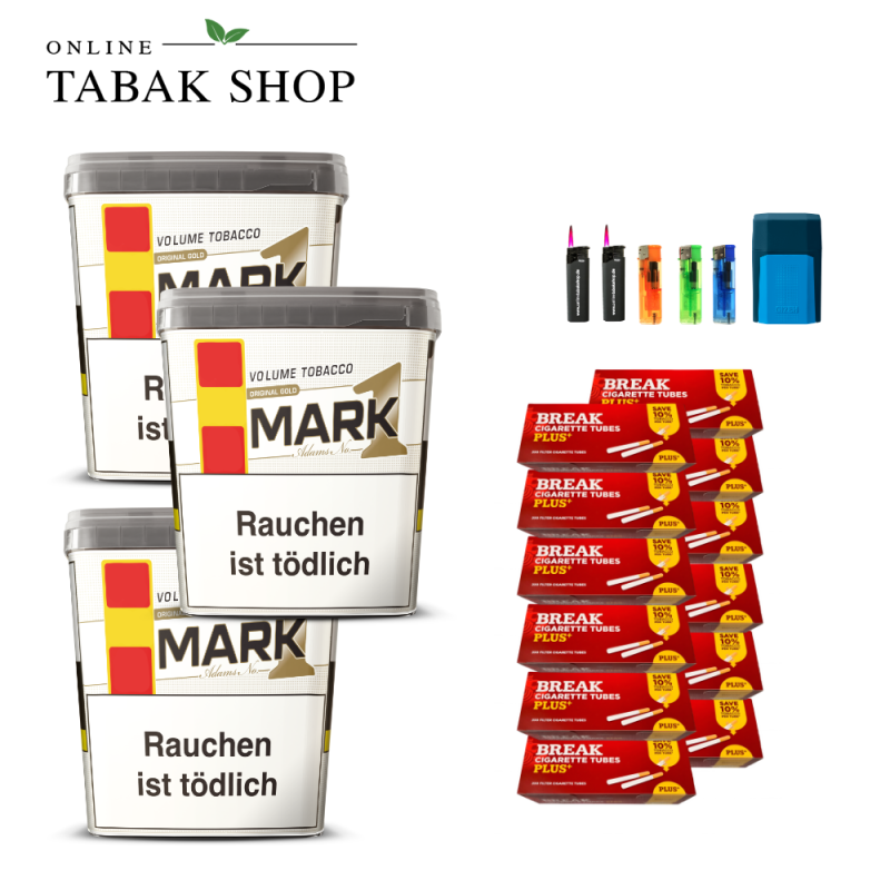 Mark Adams 1 Gold Volumen Tabak (3 x 400g) + 2.400 Break PLUS Hülsen + 2 Sturmfeuerzeug + 3 Feuerzeuge + 1 Gizeh Etui