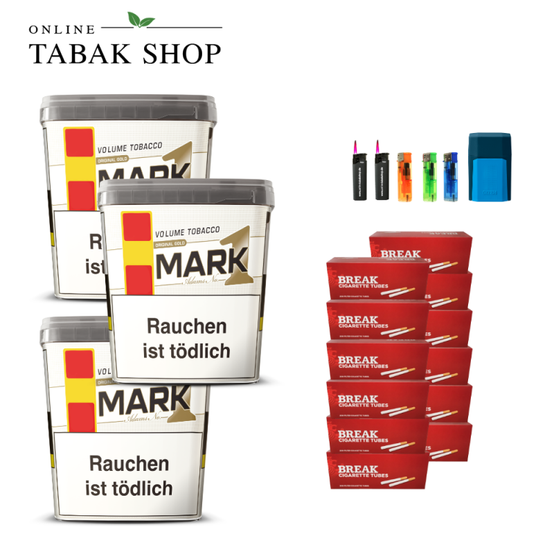 Mark 1 Gold Volumen Tabak (3 x 400g) + 2.400 Break Hülsen + 2 Sturmfeuerzeug + 3 Feuerzeuge + 1 Gizeh Etui