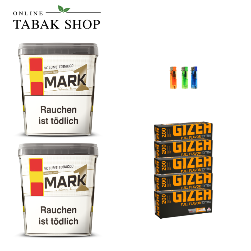 Mark Adams 1 Gold Volumentabak (2 x 400g) + 1.000 Gizeh Full Flavor Extra Hülsen + 3 Feuerzeuge