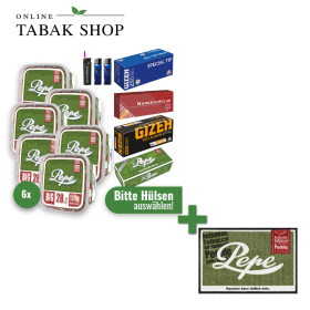6x Pepe Volumentabak Rich Green 170g + Pepe Fußmatte + 2000 Hülsen (wählbar) + 1 Sturmfeuerzeug + 2 Feuerzeuge