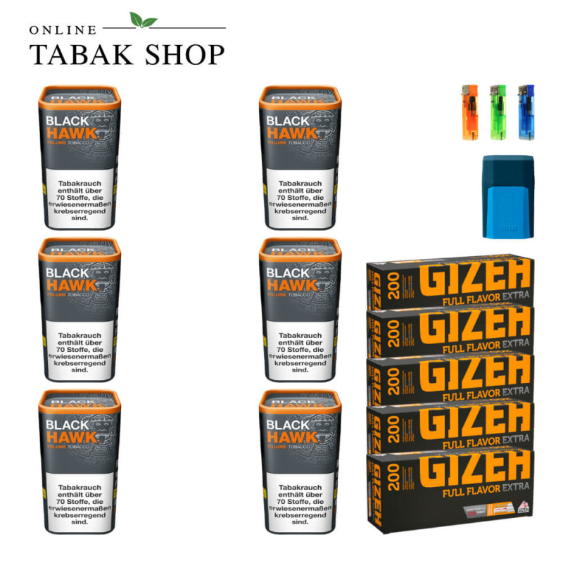 6x BLACK HAWK Volumentabak 90g + 1000 GIZEH Full Flavor Extra Hülsen + 3 Feuerzeuge + GIZEH Etui