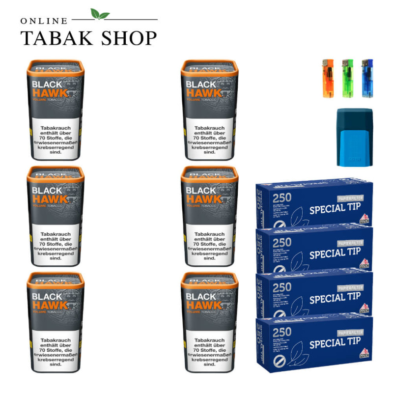 6x BLACK HAWK Volumentabak 90g + 1000 GIZEH Special Tip Hülsen + 3 Feuerzeuge + GIZEH Etui