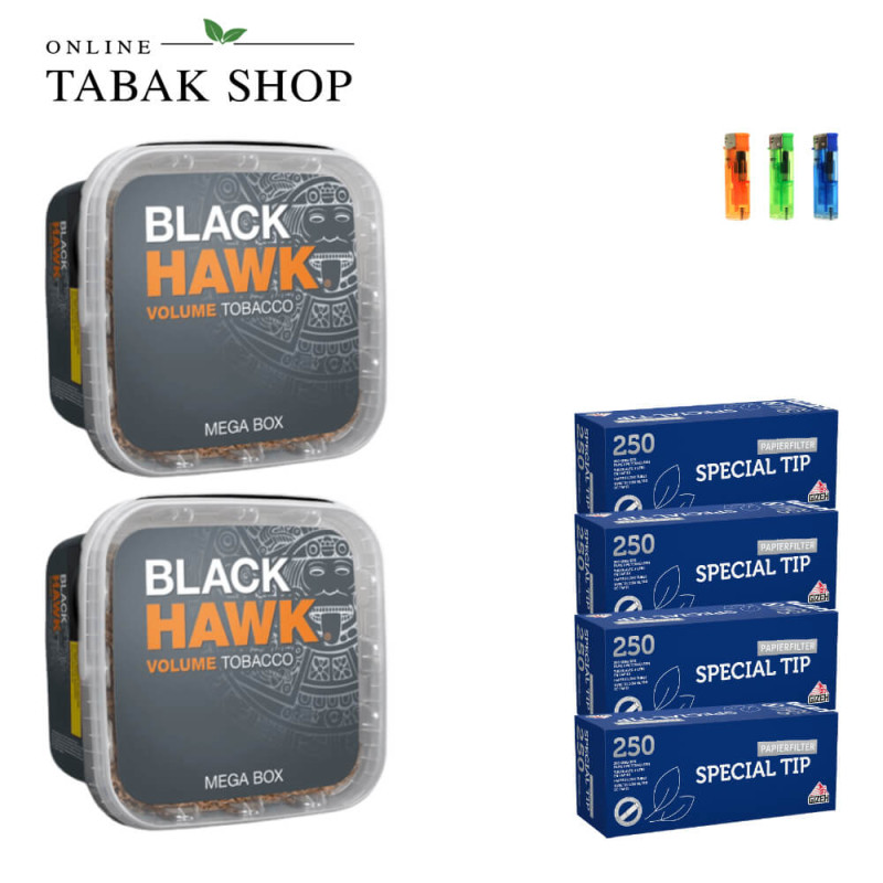 2x BLACK HAWK Tabak 230g + 1000 GIZEH Special Tip Hülsen + 3 Feuerzeuge