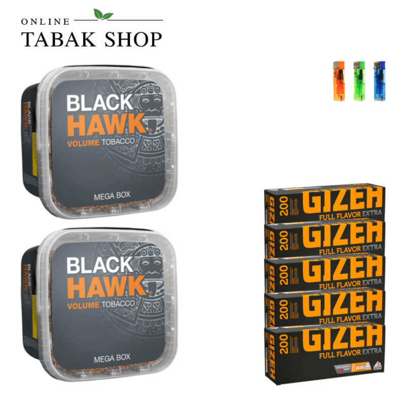 2x BLACK HAWK Tabak 230g + 1000 GIZEH Full Flavor Extra Hülsen + 3 Feuerzeuge