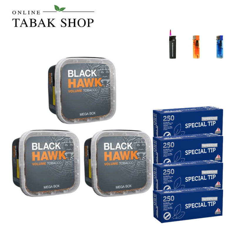 3x BLACK HAWK Tabak 230g + 1000 GIZEH Special Tip Hülsen + 2 Feuerzeuge + 1 Sturmfeuerzeug