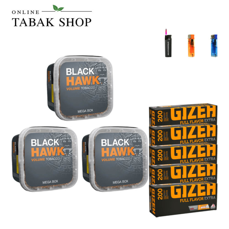 3x BLACK HAWK Tabak 230g + 1000 GIZEH Full Flavor Extra Hülsen + 2 Feuerzeuge + 1 Sturmfeuerzeug