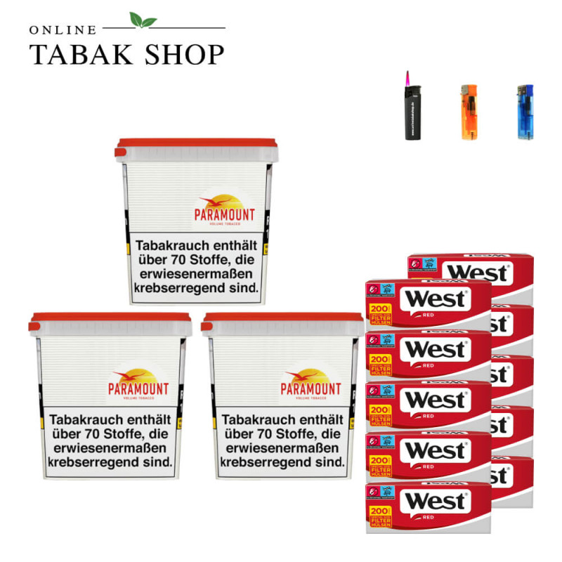 3x PARAMOUNT Tabak Giga Box 220g + 2000 West Red Hülsen + 2 Feuerzeuge + 1 Sturmfeuerzeug